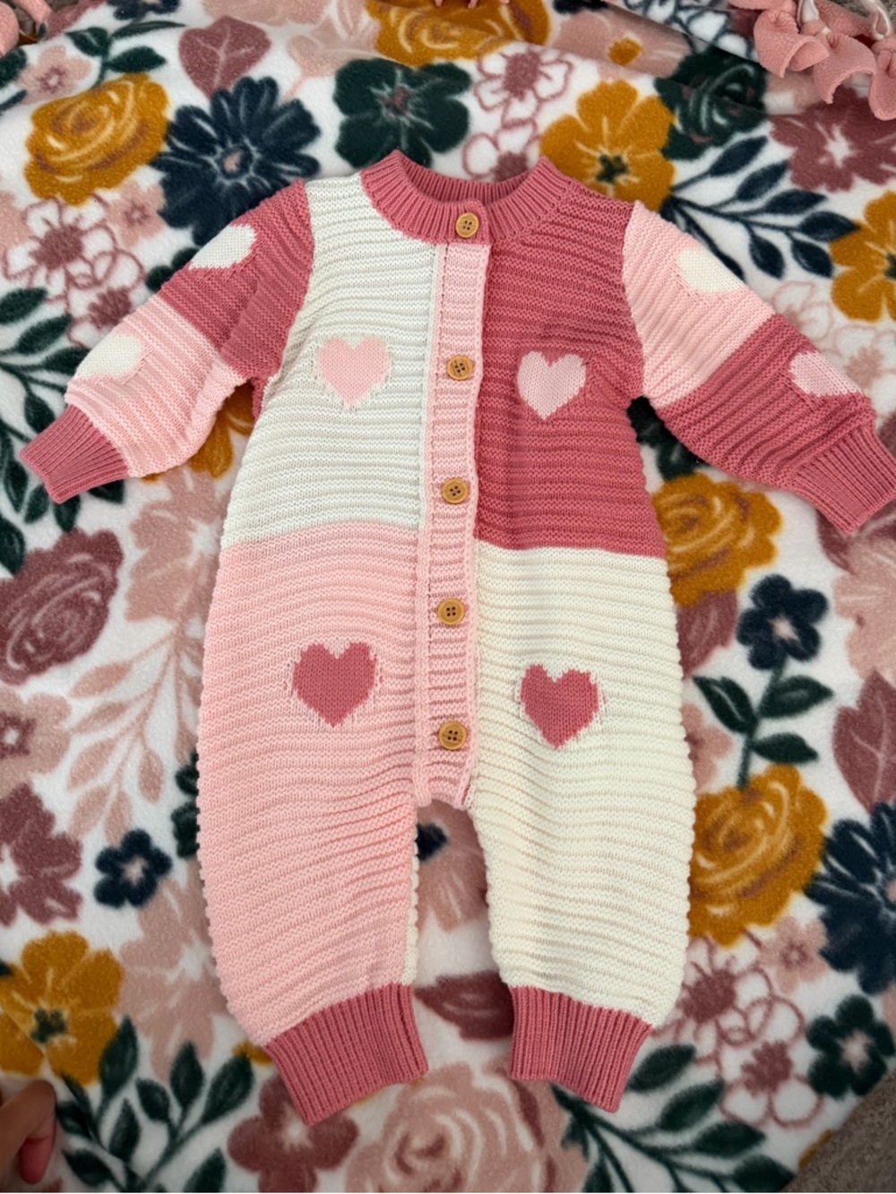 Heart Block Knit One-Piece - Pink & Cream